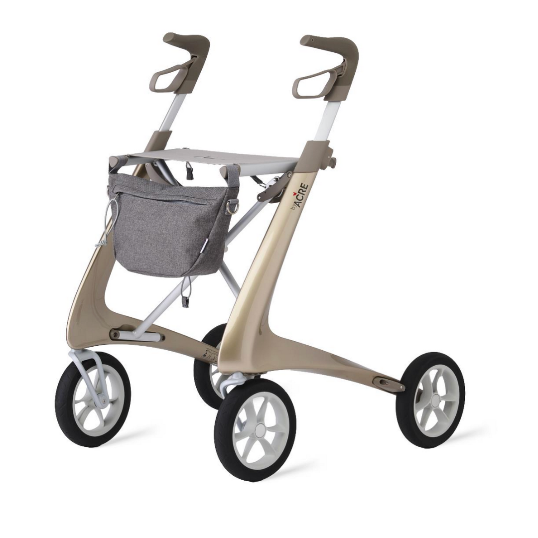 The ByACRE Ultralight Carbon Fiber Rollator (10.6 lbs) is a modern beige and white walker featuring ergonomic handles, large black-and-white wheels, and a front-mounted gray fabric storage bag.